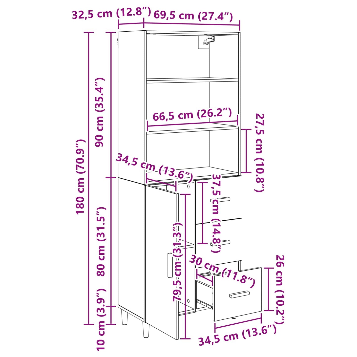 Highboard Altholz 69,5 x 32,5 x 180 cm Holzwerkstoff