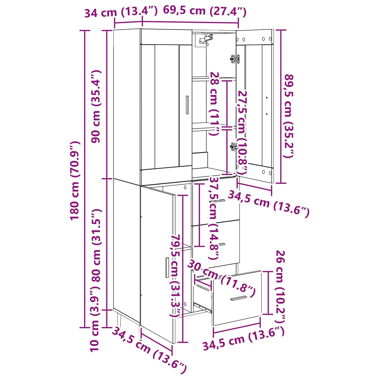 Highboard 2 stk. Altholz 69,5 x 34 x 180 cm Holzwerkstoff
