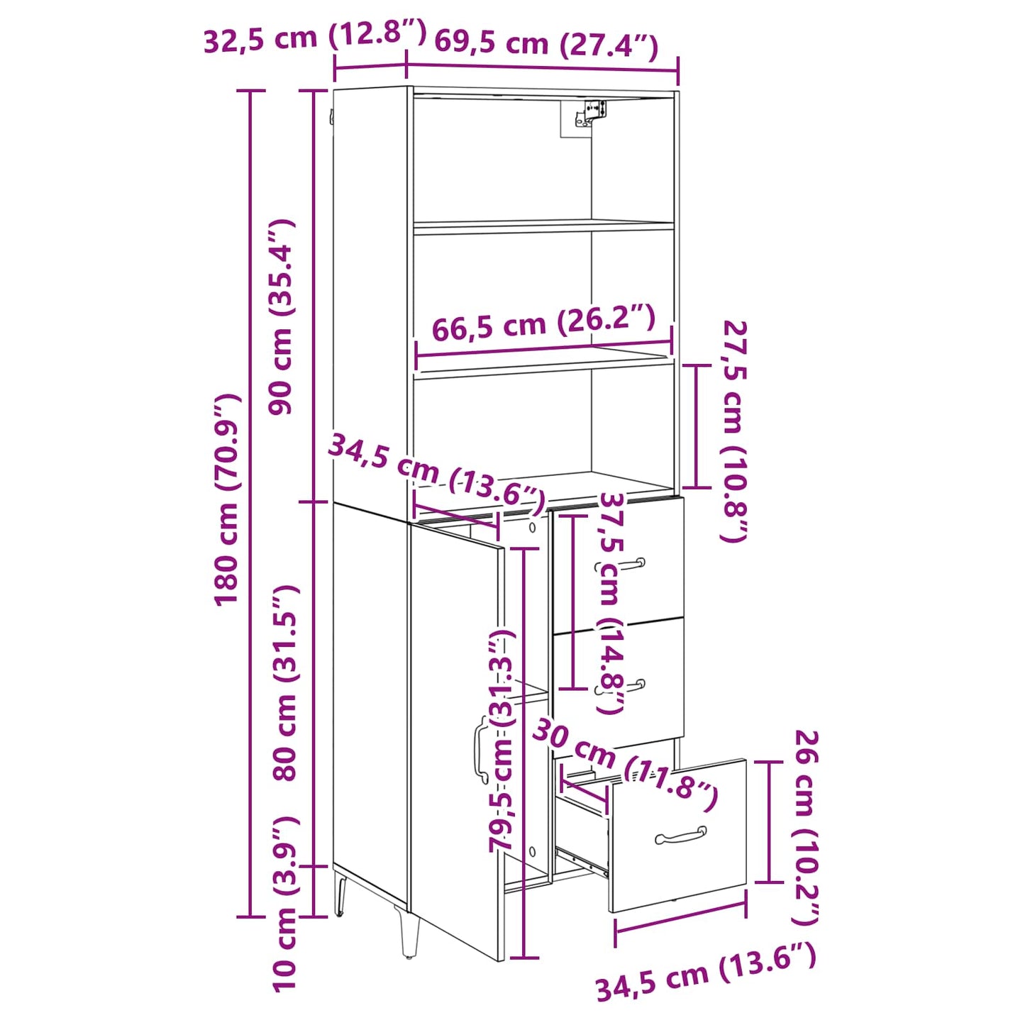 Highboard Altholz 69,5 x 34 x 180 cm Holzwerkstoff