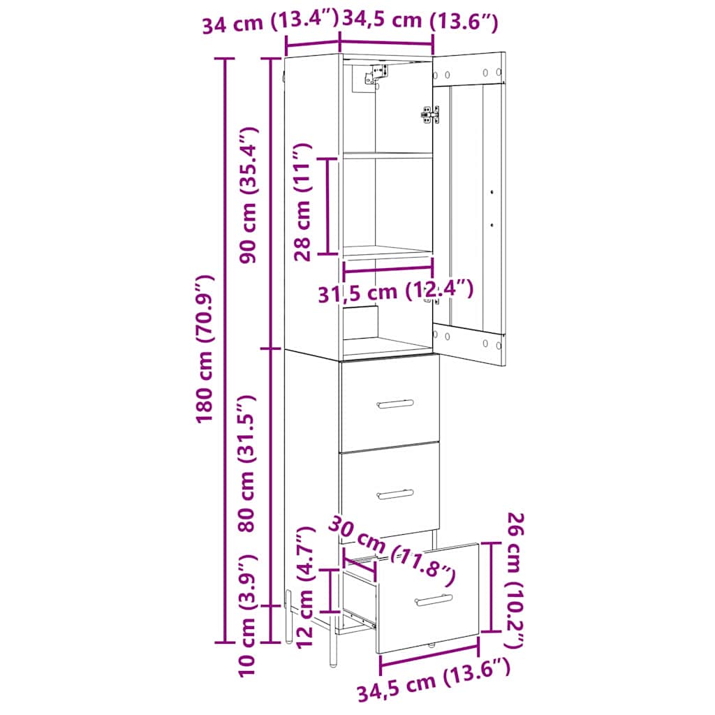 Highboard Altholz 34,5 x 34 x 180 cm Holzwerkstoff