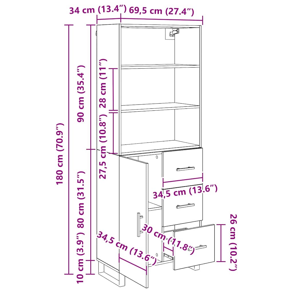 Highboard 2 stk. Altholz 69,5 x 34 x 180 cm