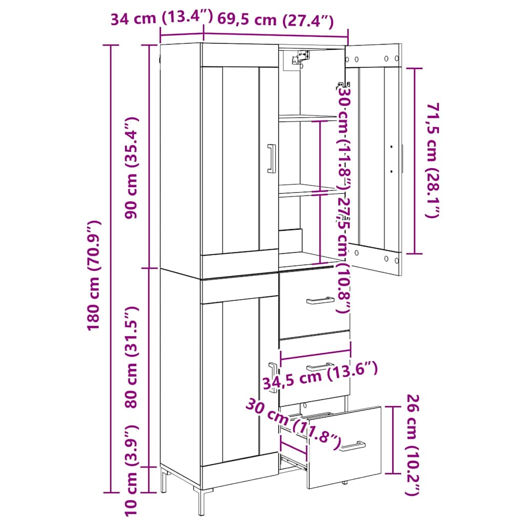 Highboard 2 stk. Altholz 69,5 x 34 x 180 cm Holzwerkstoff