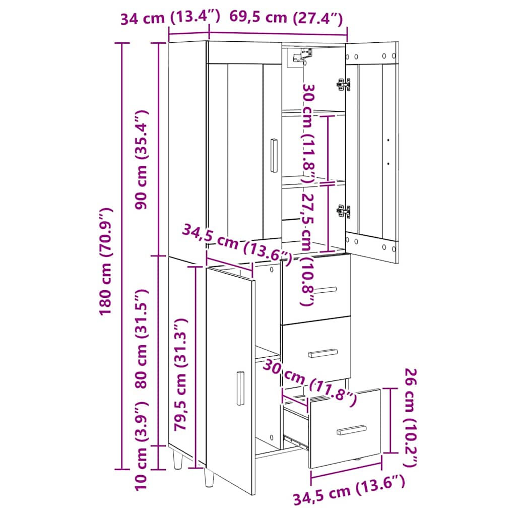 Highboard Altholz 34,5 x 34 x 180 cm Holzwerkstoff