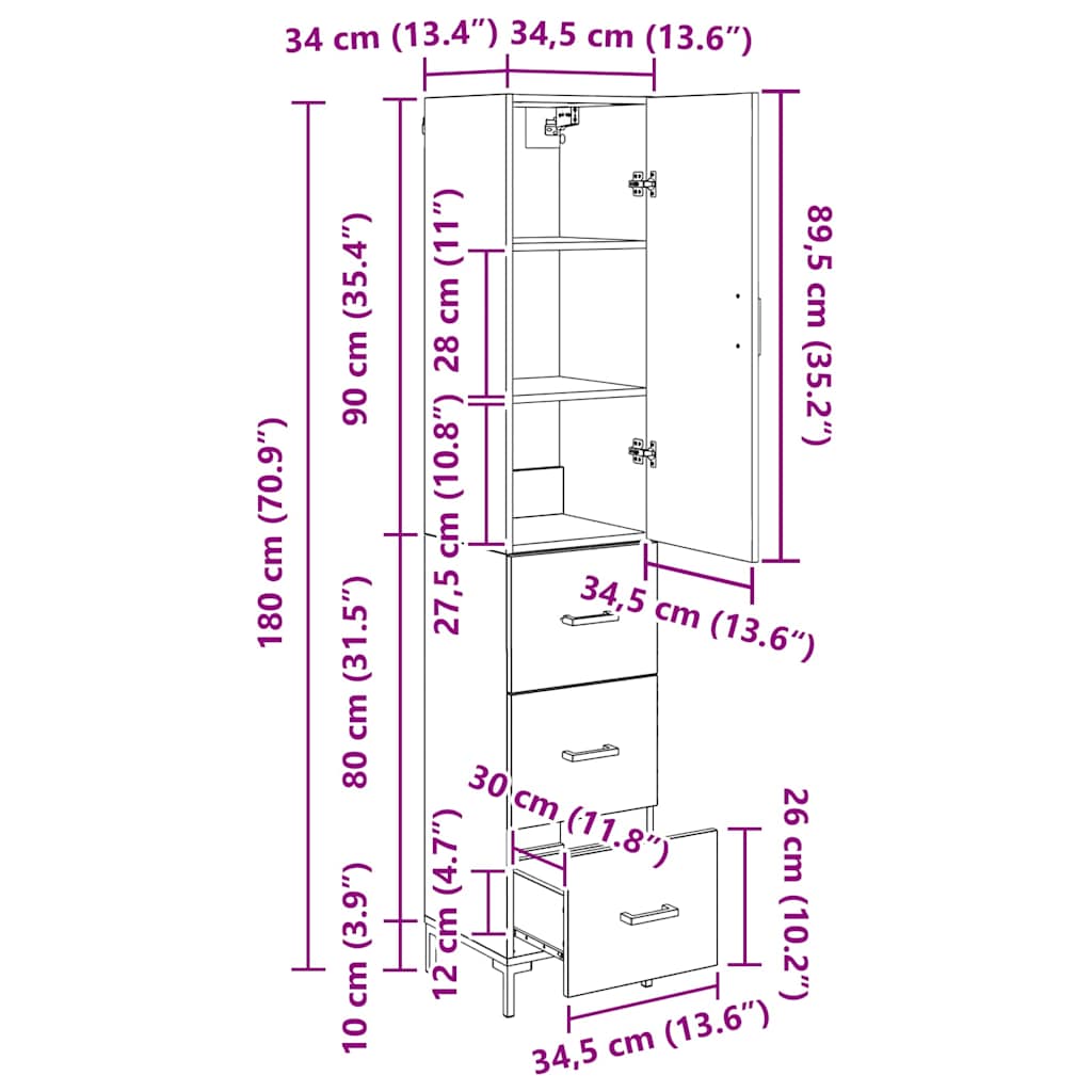 Highboard Altholz 34,5 x 34 x 180 cm Holzwerkstoff