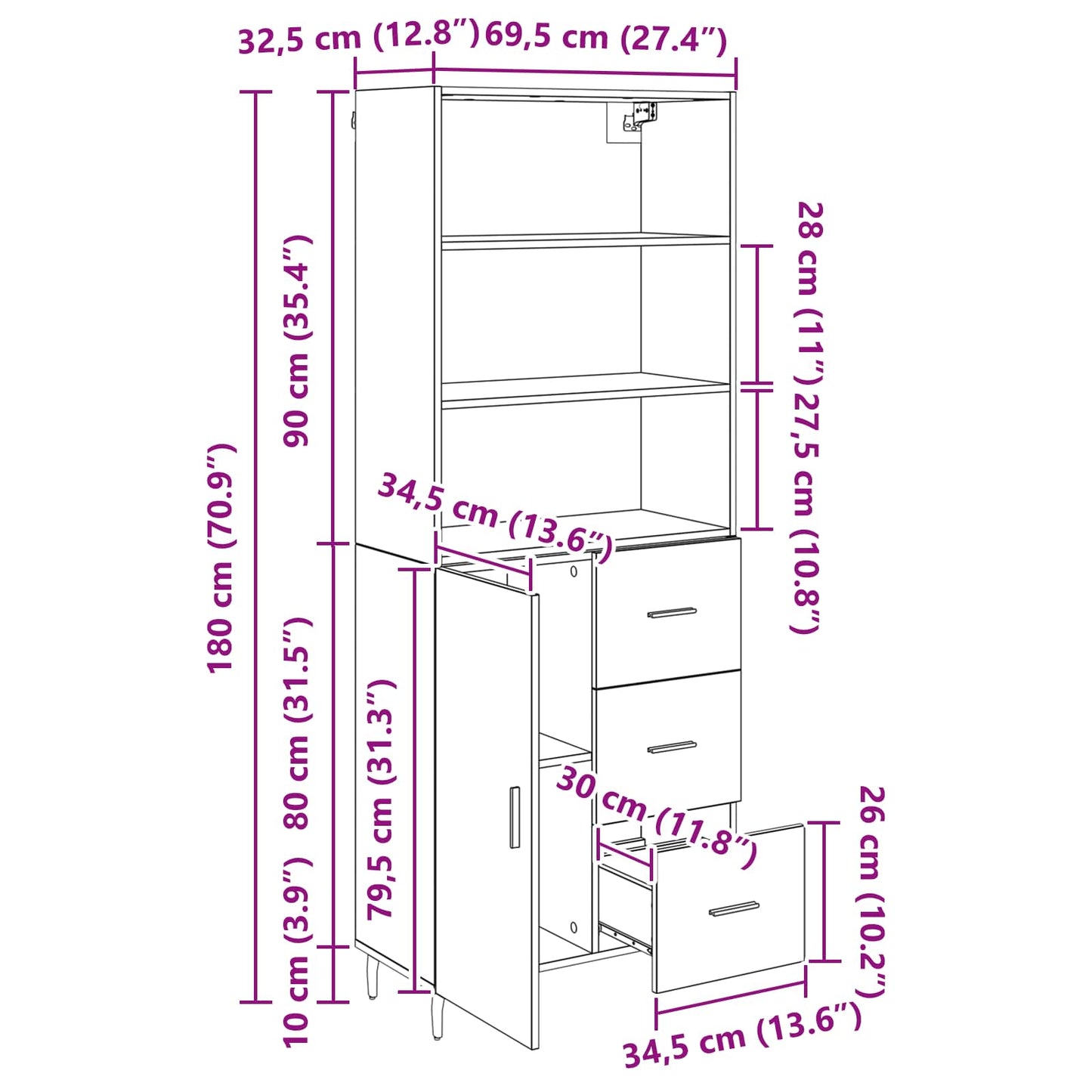 Highboard 2 stk. Altholz 69,5 x 32,5 x 180 cm Holzwerkstoff