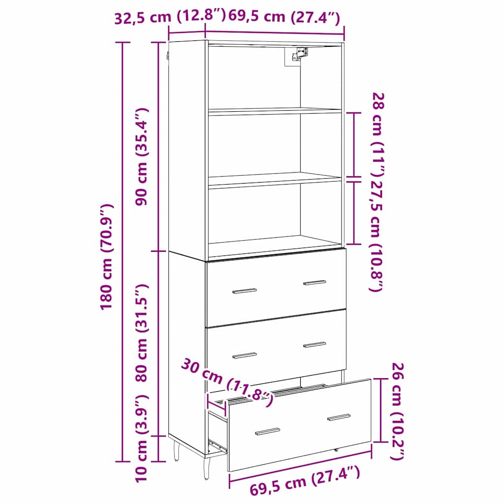 Highboard 2 stk. Artisan-Eiche 69,5 x 32,5 x 180 cm