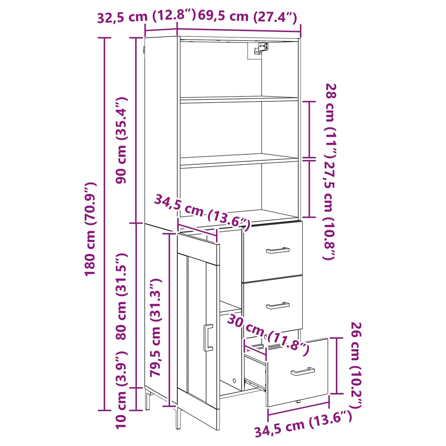 Highboard Artisan-Eiche 69,5 x 34 x 180 cm Holzwerkstoff