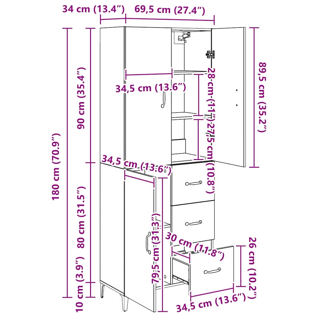Highboard Artisan-Eiche 69,5 x 34 x 180 cm Holzwerkstoff