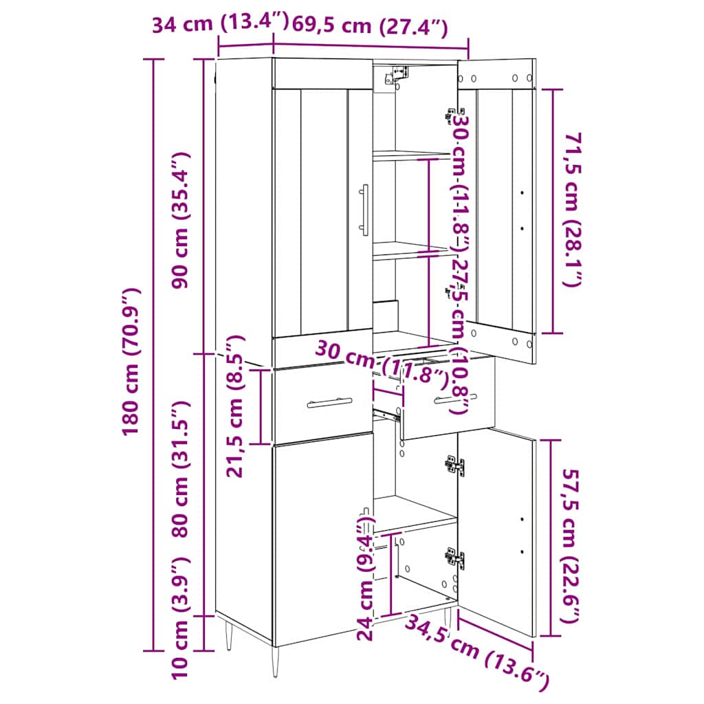 Highboard Artisan-Eiche 69,5 x 34 x 180 cm Holzwerkstoff