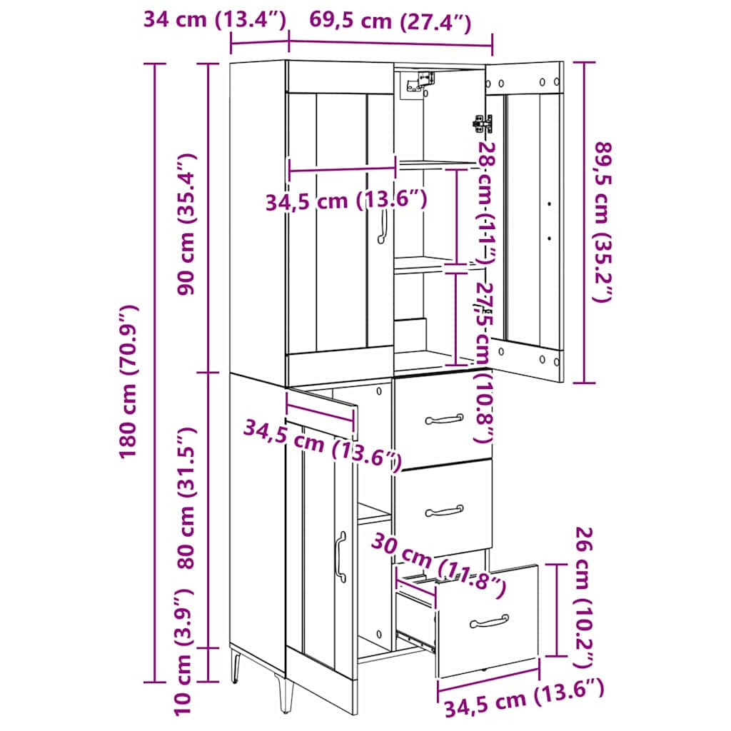 Highboard Artisan-Eiche 69,5 x 34 x 180 cm Holzwerkstoff