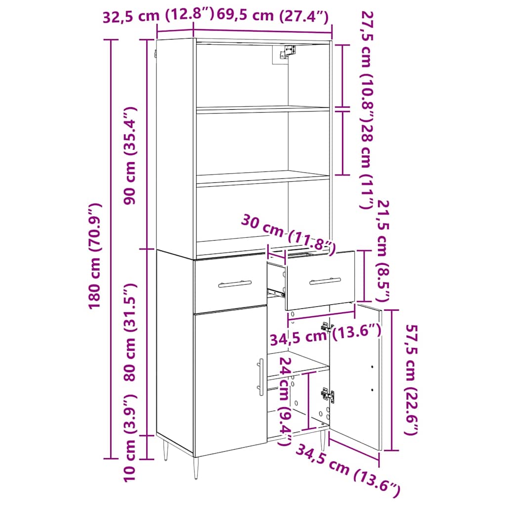 Highboard Artisan-Eiche 69,5 x 34 x 180 cm Holzwerkstoff