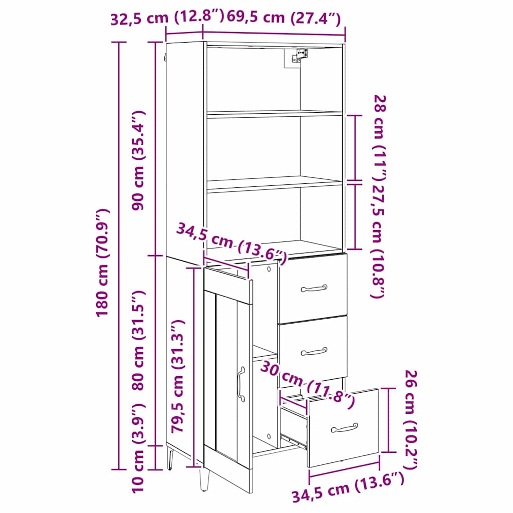 Highboard Artisan-Eiche 69,5 x 34 x 180 cm Holzwerkstoff