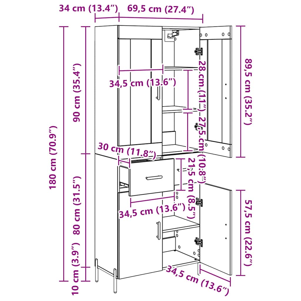Highboard Artisan-Eiche 69,5 x 34 x 180 cm Holzwerkstoff