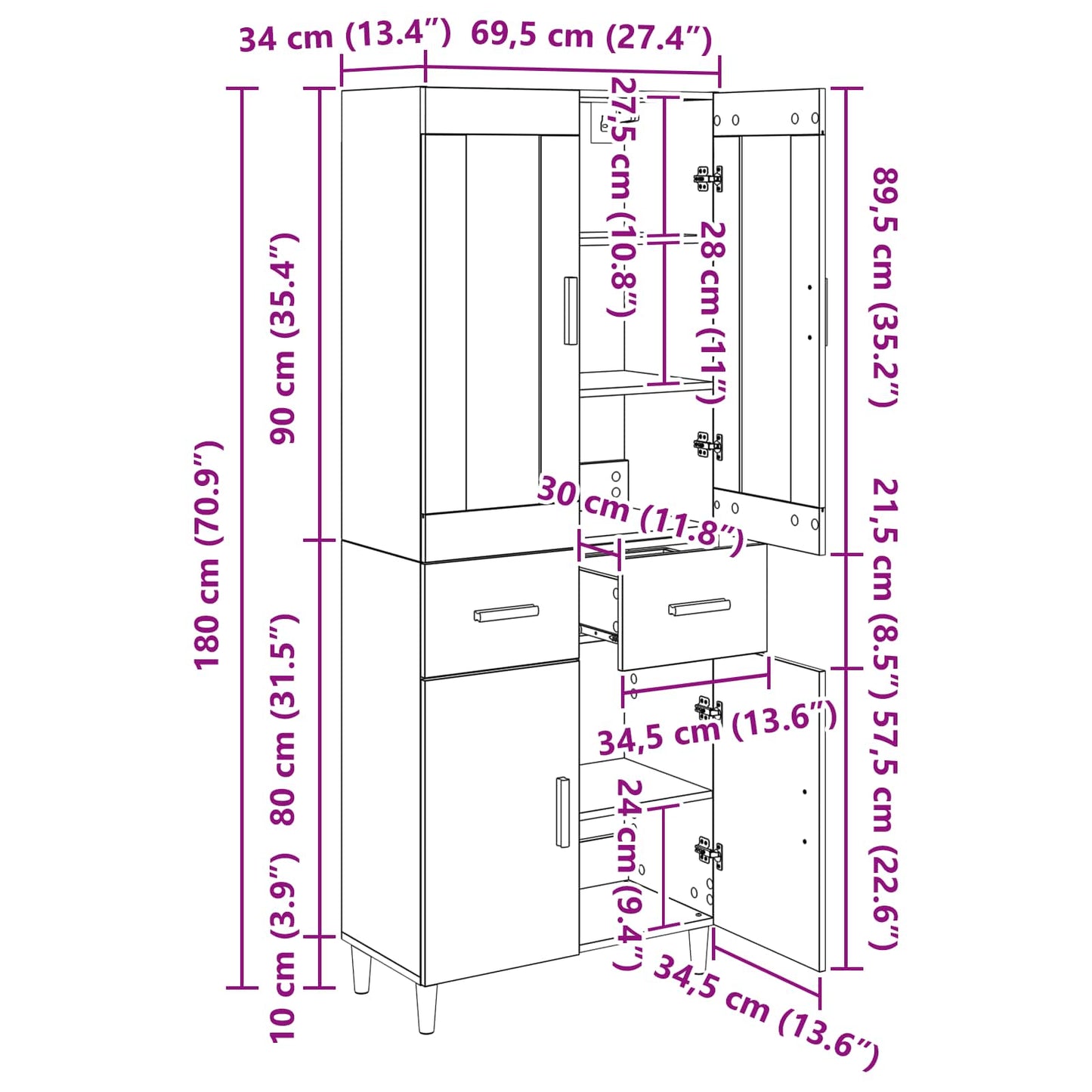 Highboard Artisan-Eiche 69,5 x 34 x 180 cm Holzwerkstoff