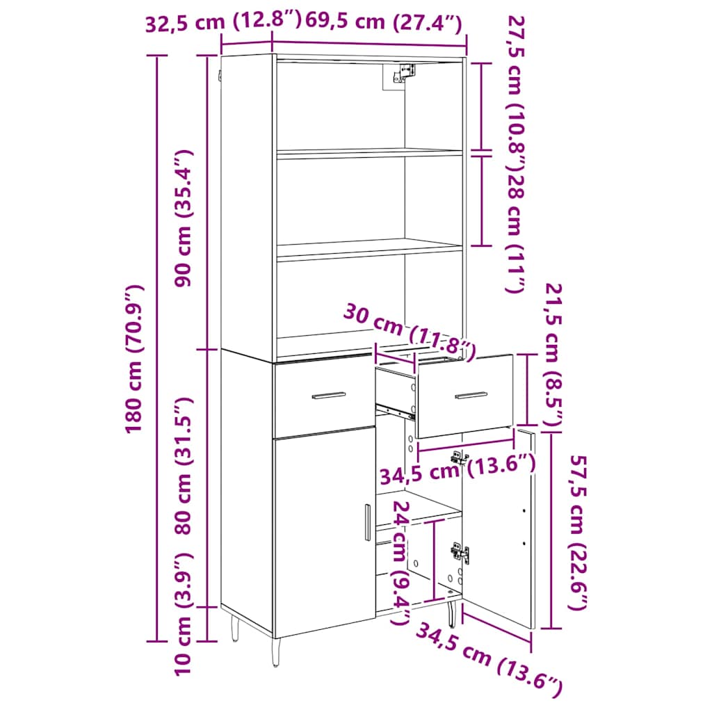 Highboard 2 stk. Artisan-Eiche 69,5 x 32,5 x 180 cm