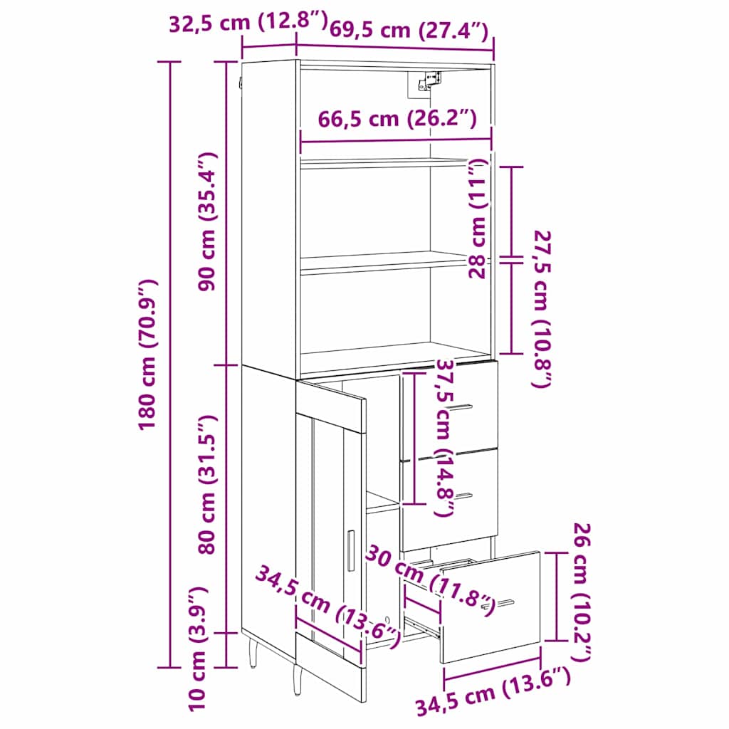 Highboard 2 stk. Artisan-Eiche 69,5 x 32,5 x 180 cm