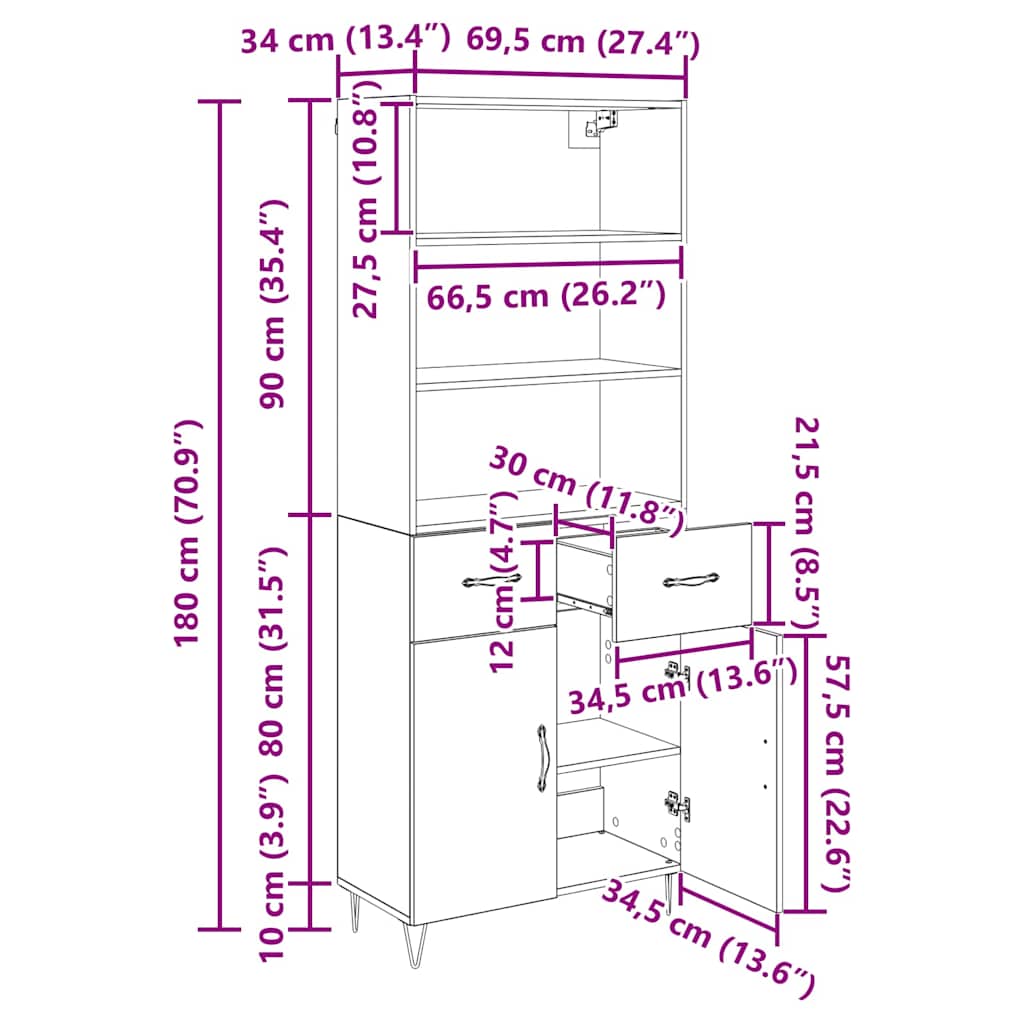 Highboard 2 stk. Artisan-Eiche 69,5 x 34 x 180 cm