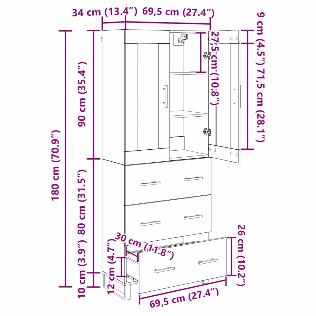 Highboard 2 stk. Artisan-Eiche 69,5 x 34 x 180 cm