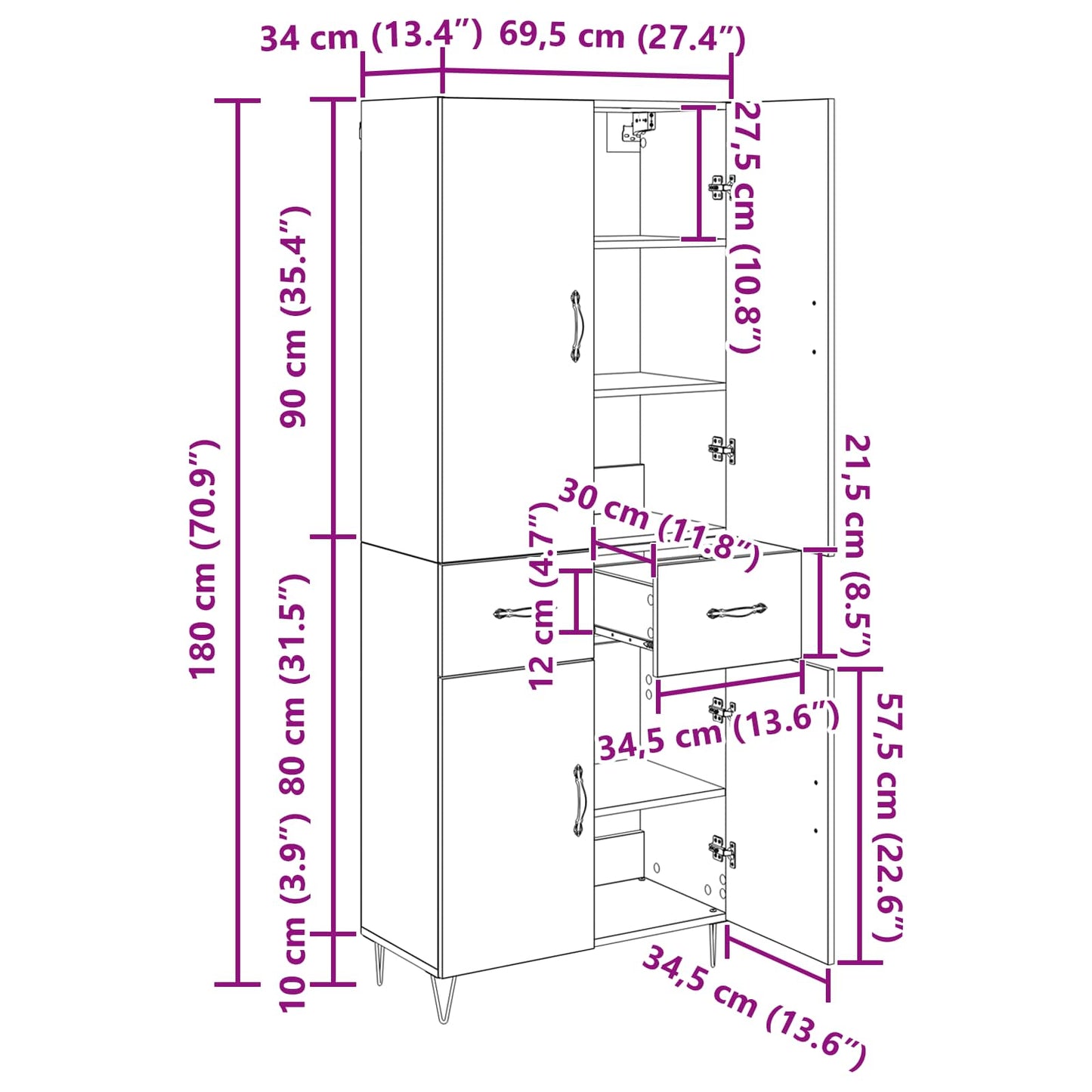 Highboard 2 stk. Artisan-Eiche 69,5 x 34 x 180 cm Holzwerkstoff