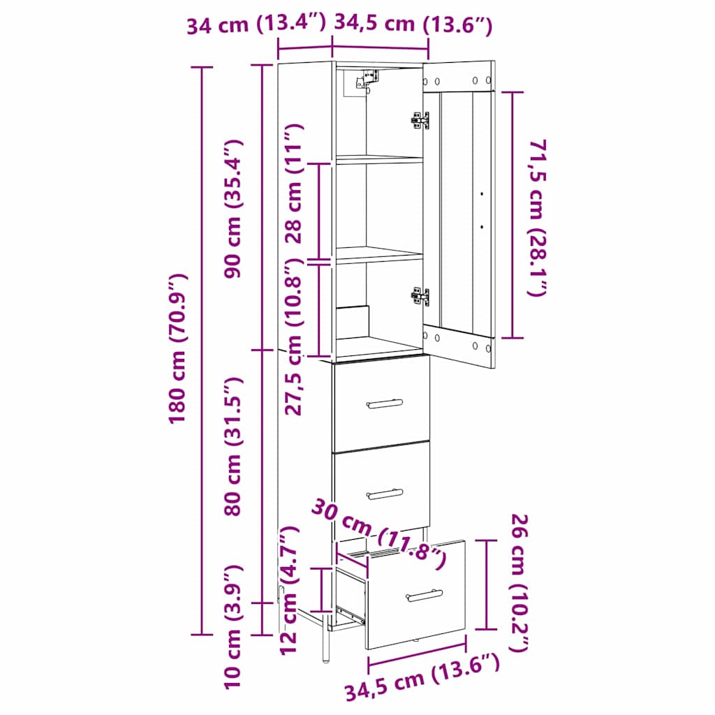 Highboard Artisan-Eiche 34,5 x 34 x 180 cm Holzwerkstoff