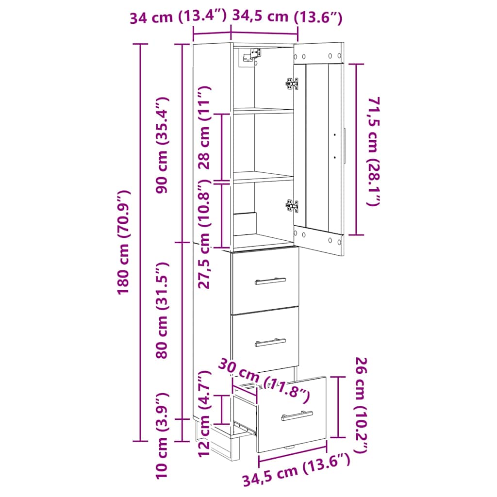 Highboard Artisan-Eiche 34,5 x 34 x 180 cm Holzwerkstoff