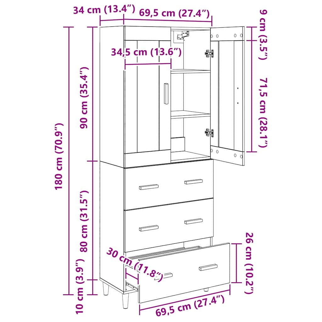 Highboard Artisan-Eiche 69,5 x 34 x 180 cm
