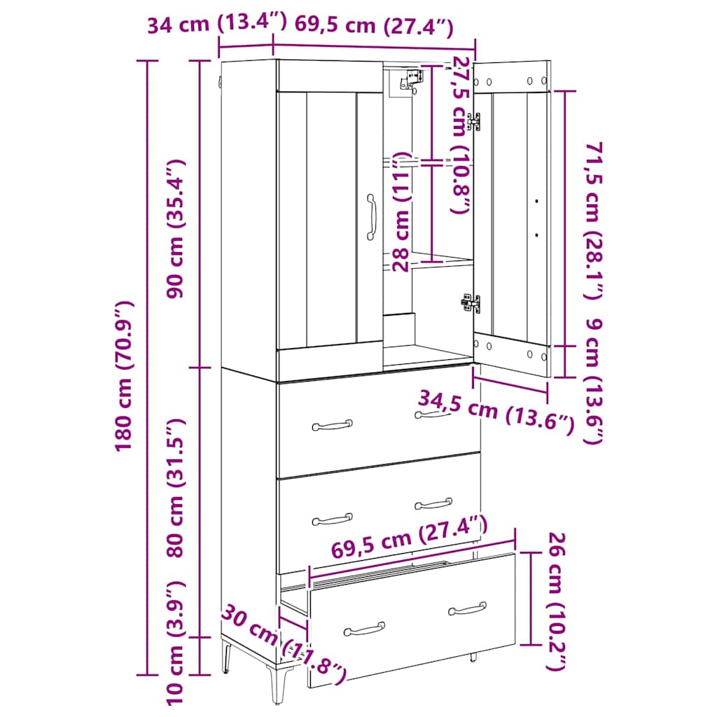 Highboard Artisan-Eiche 69,5 x 34 x 180 cm Holzwerkstoff