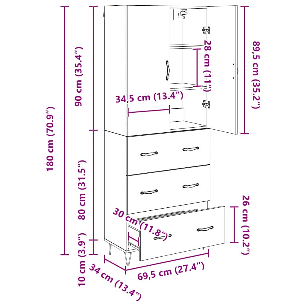 Highboard 2 stk. Artisan-Eiche 69,5 x 34 x 180 cm Holzwerkstoff