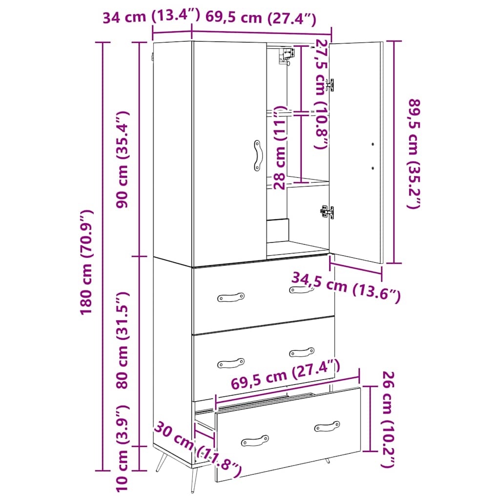 Highboard Artisan-Eiche 69,5 x 34 x 180 cm Holzwerkstoff