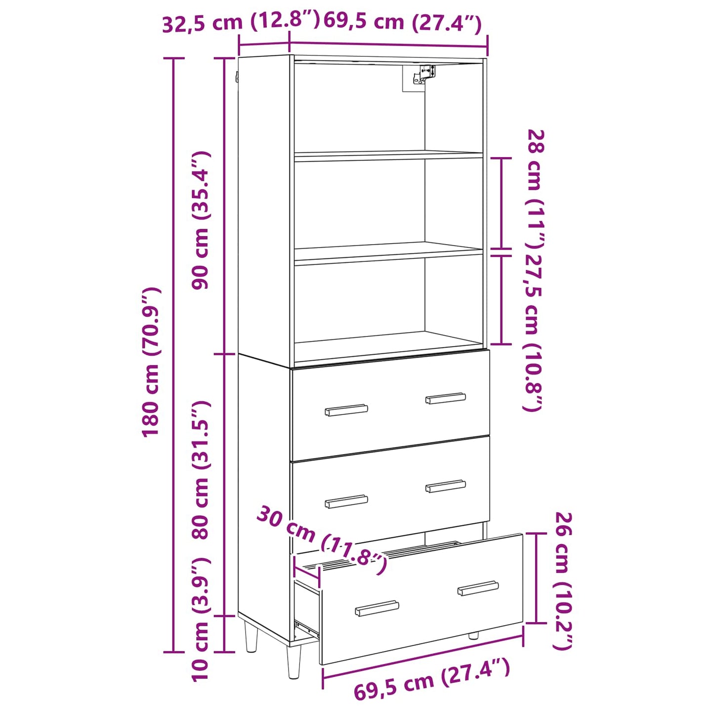 Highboard Artisan-Eiche 69,5 x 32,5 x 180 cm Holzwerkstoff
