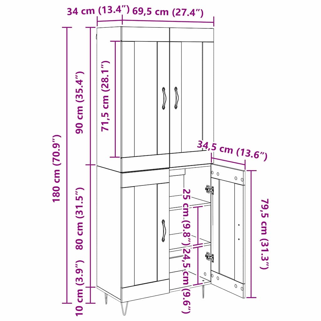 Highboard Schwarz Eichen-Optik 69,5 x 34 x 180 cm Holzwerkstoff