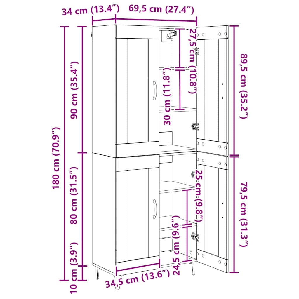 Highboard Schwarz Eichen-Optik 69,5 x 34 x 180 cm Holzwerkstoff