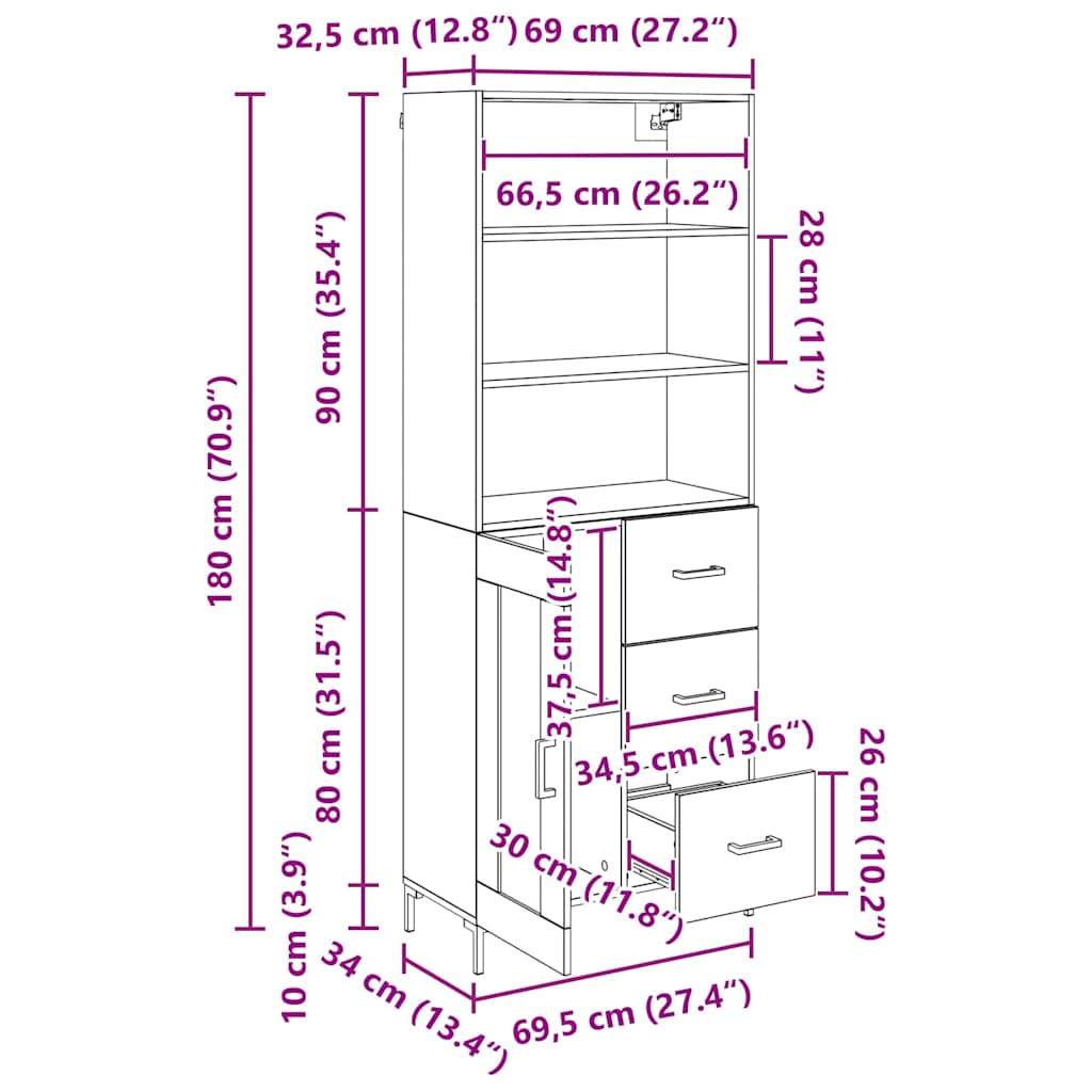 Highboard Schwarz Eichen-Optik 69,5 x 34 x 180 cm Holzwerkstoff