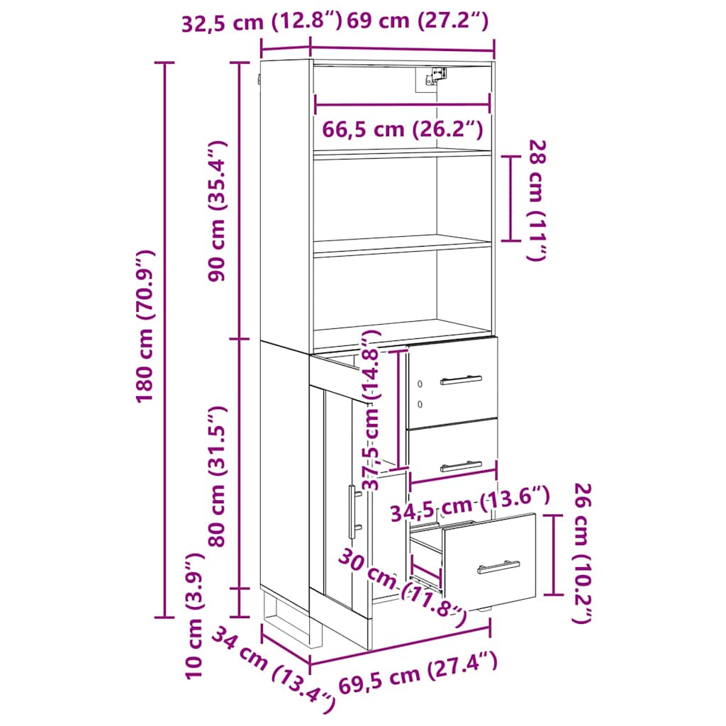 Highboard 2 stk. Schwarz Eichen-Optik 69,5 x 34 x 180 cm