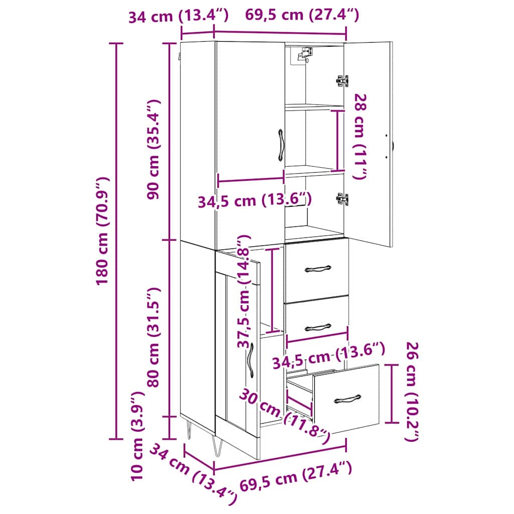 Highboard 2 Stk. Schwarz Eichen-Optik 69,5 x 34 x 180 cm