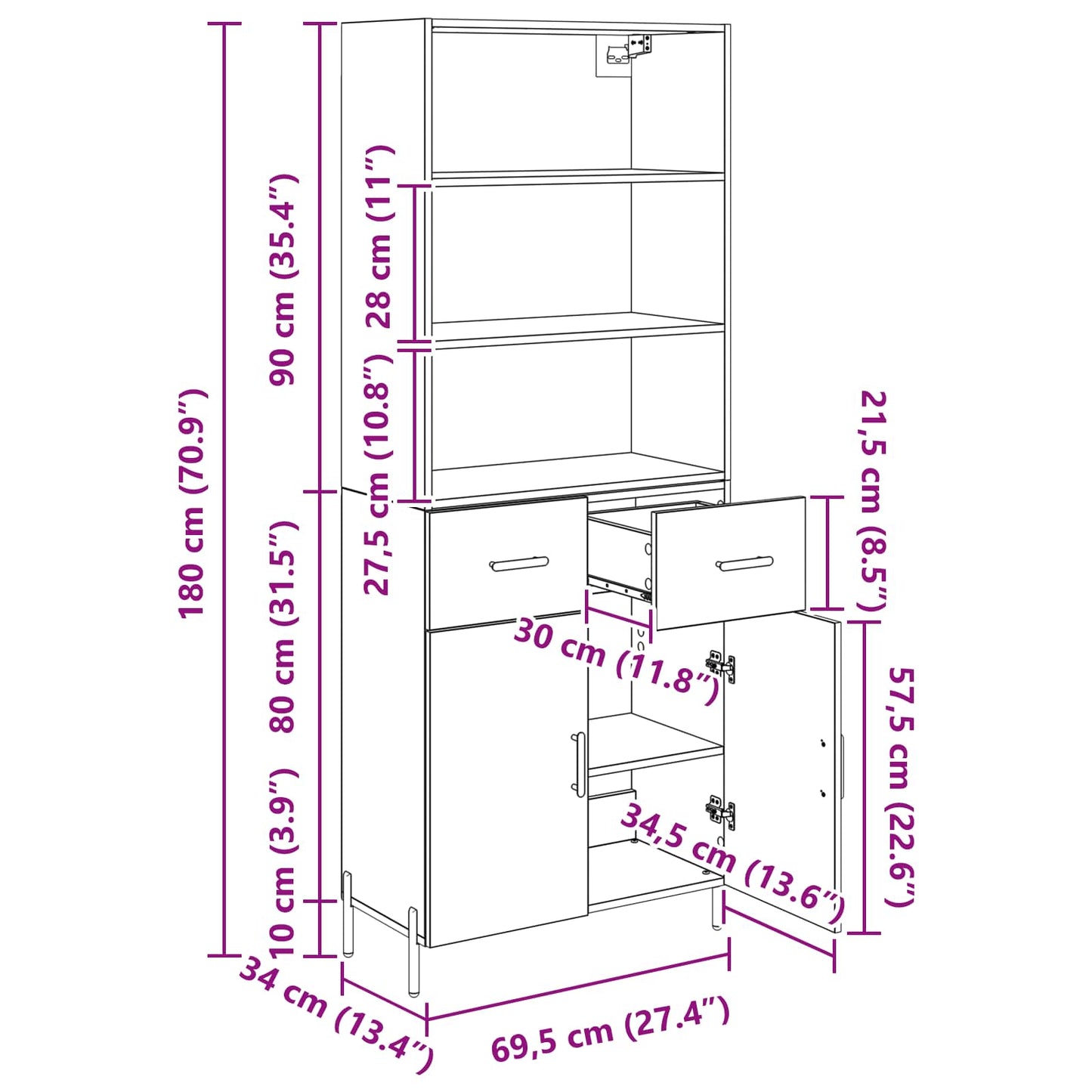Highboard Schwarz Eichen-Optik 69,5 x 34 x 180 cm Holzwerkstoff