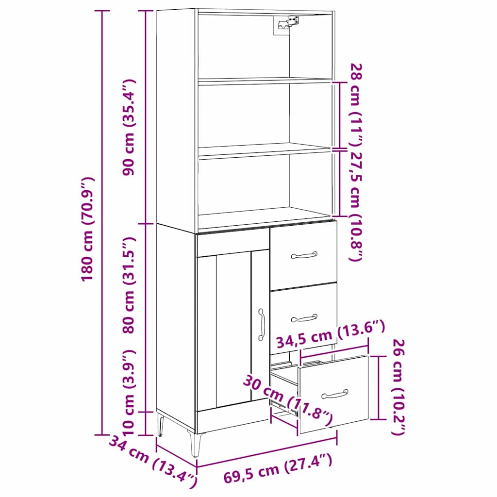 Highboard Schwarz Eichen-Optik 69,5 x 34 x 180 cm Holzwerkstoff