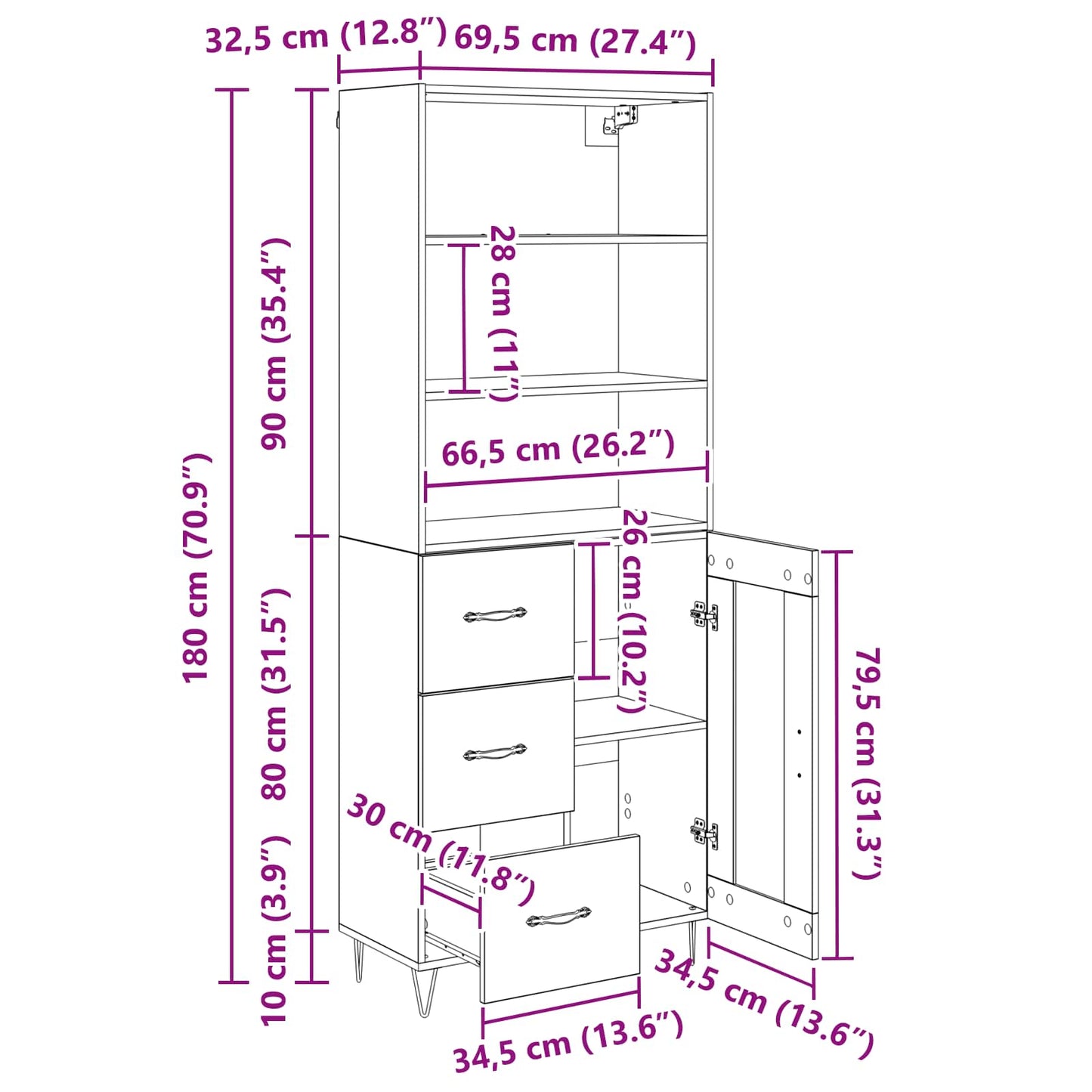 Highboard 2 stk. Schwarz Eichen-Optik 69,5 x 34 x 180 cm