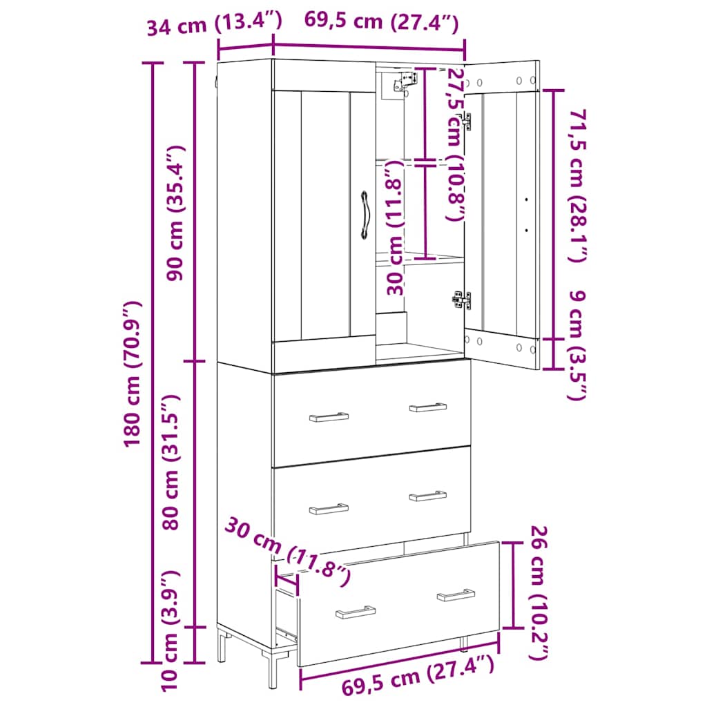 Highboard 2 stk. Schwarz Eichen-Optik 69,5 x 34 x 180 cm
