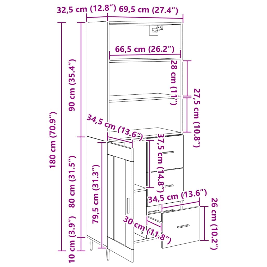 Highboard 2 Stk. Schwarz Eichen-Optik 69,5 x 34 x 180 cm