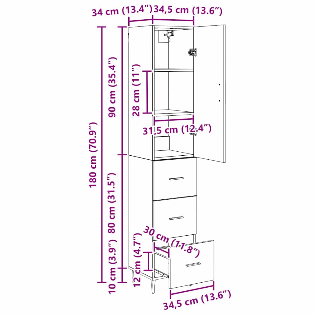 Highboard Schwarz Eichen-Optik 34,5 x 34 x 180 cm Holzwerkstoff