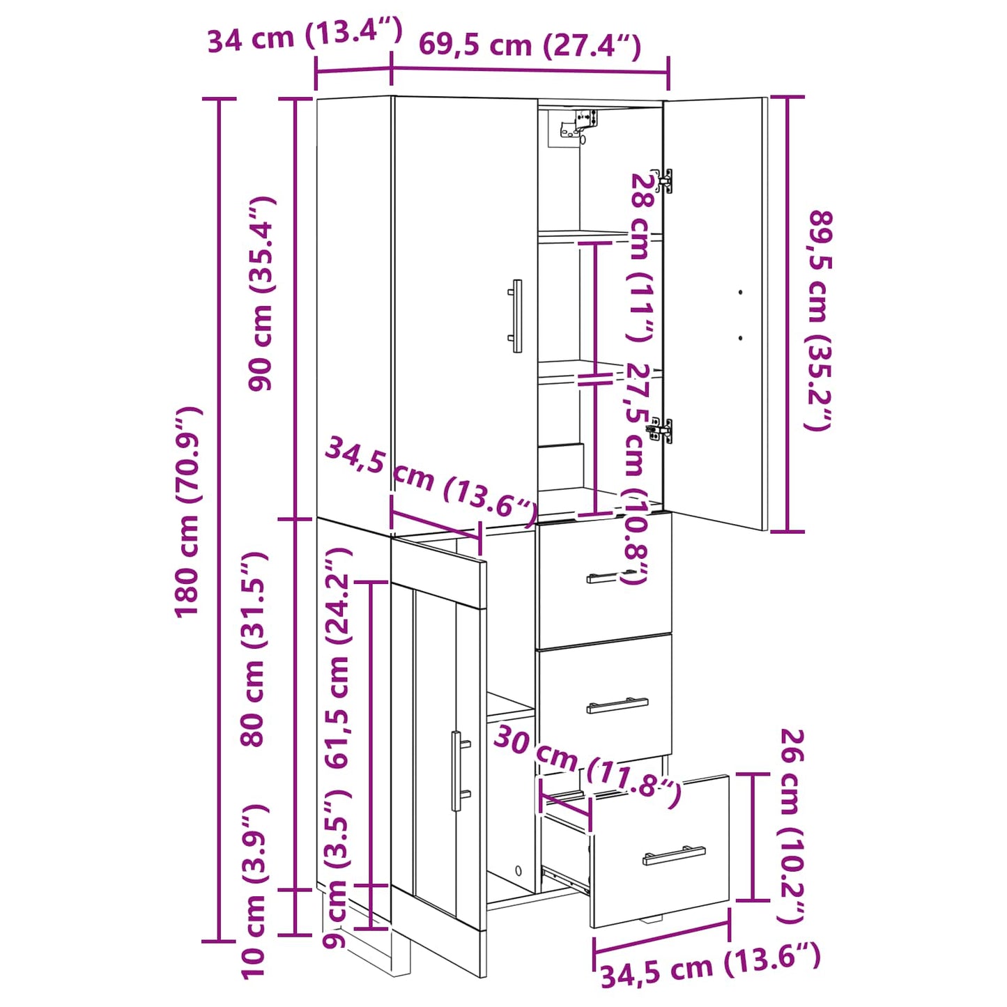 Highboard 2 stk. Schwarz Eichen-Optik 69,5 x 34 x 180 cm