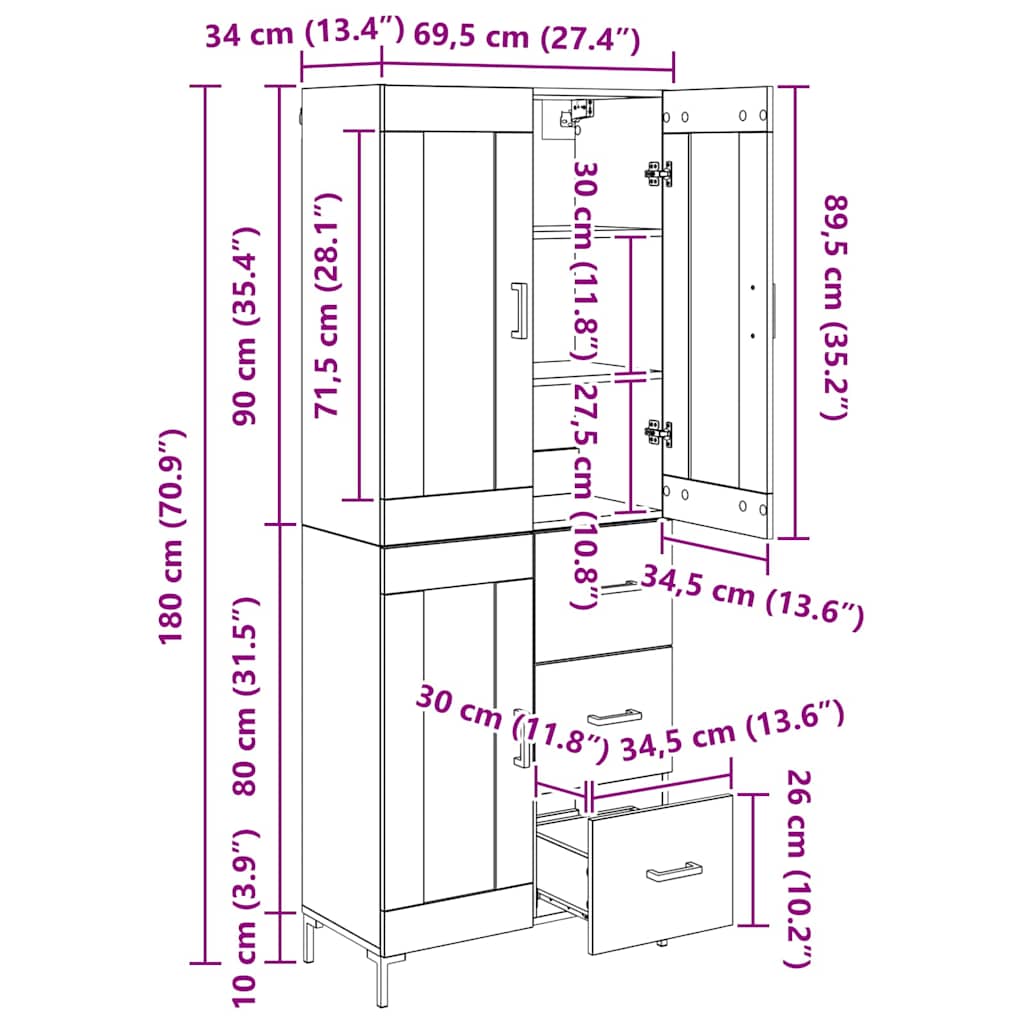Highboard 2 stk. Schwarz Eichen-Optik 69,5 x 34 x 180 cm