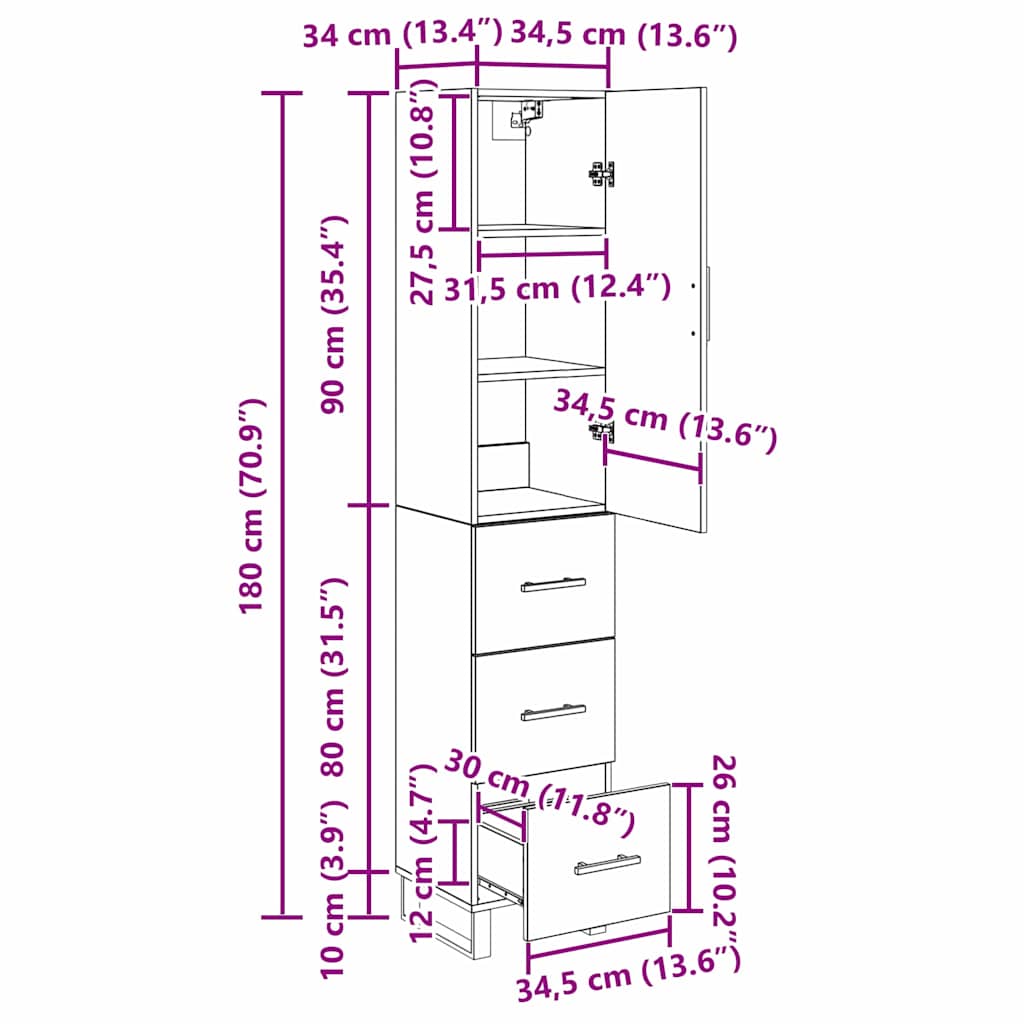 Highboard Schwarz Eichen-Optik 34,5 x 34 x 180 cm Holzwerkstoff