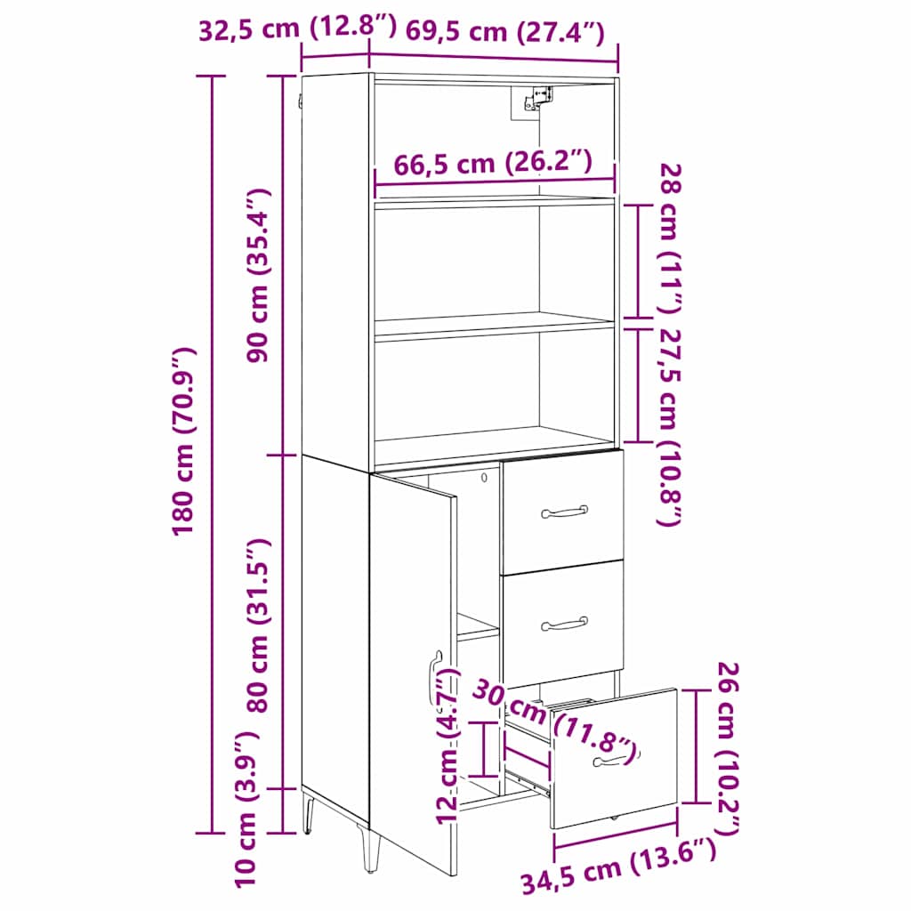 Highboard Schwarz Eichen-Optik 69,5 x 34 x 180 cm Holzwerkstoff