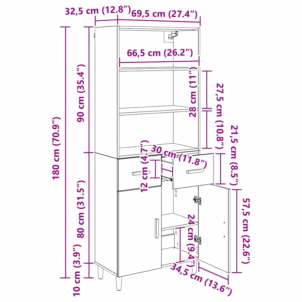 Highboard Schwarz Eichen-Optik 69,5 x 32,5 x 180 cm