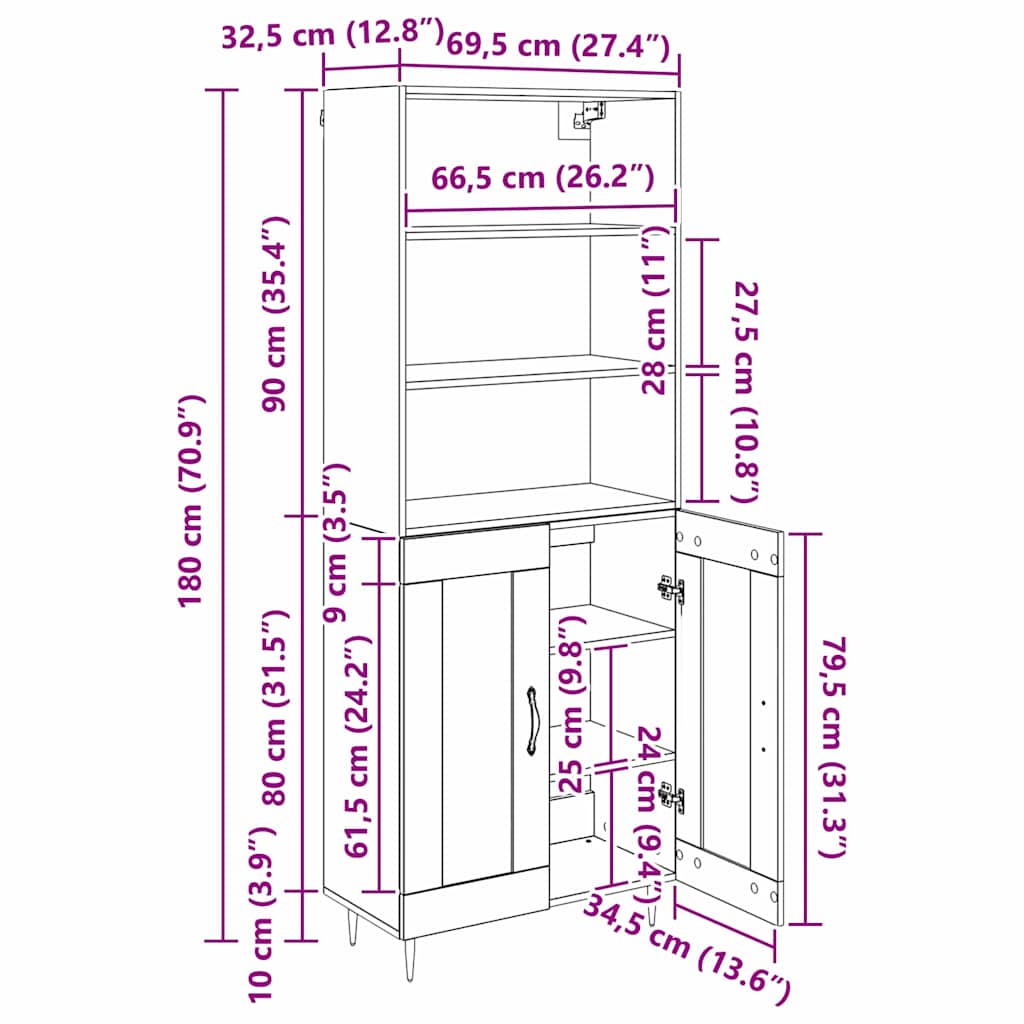 Highboard Schwarz Eichen-Optik 69,5 x 34 x 180 cm Holzwerkstoff