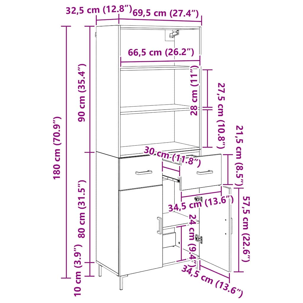 Highboard Schwarz Eichen-Optik 69,5 x 34 x 180 cm Holzwerkstoff