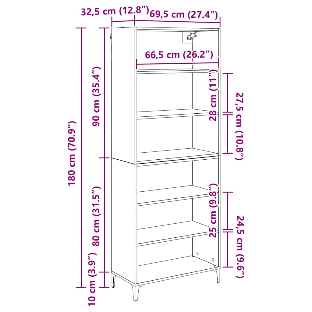 Highboard Schwarz Eichen-Optik 69,5 x 34 x 180 cm Holzwerkstoff