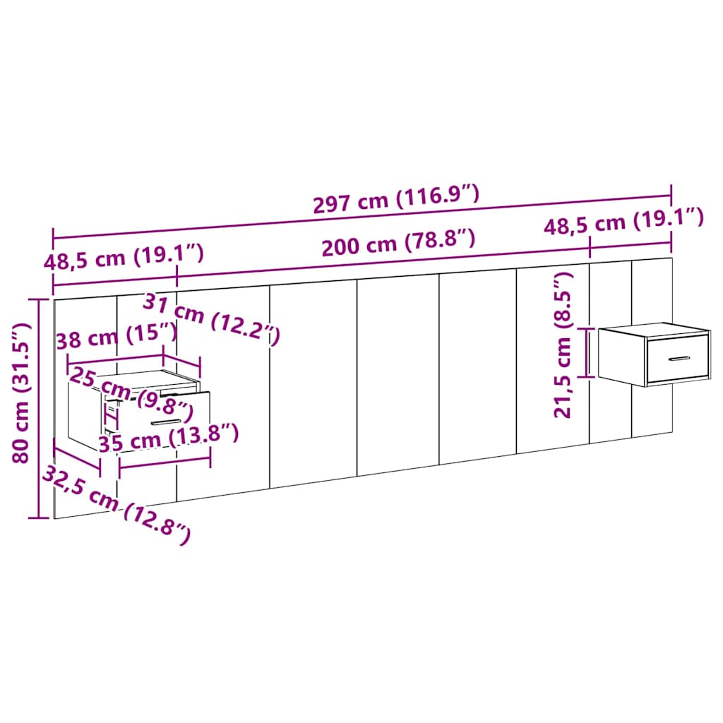 Kopfteil mit Schrank 3 stk. Schwarz Eichen-Optik Holzwerkstoff